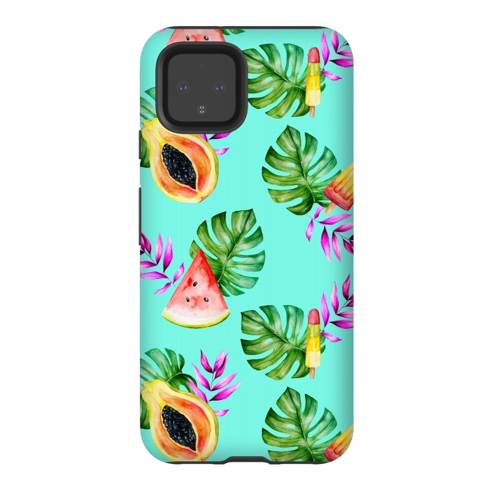 Pixel 4 StrongFit Tropical Fruits Ice Lollies Turquoise Background by Alemi