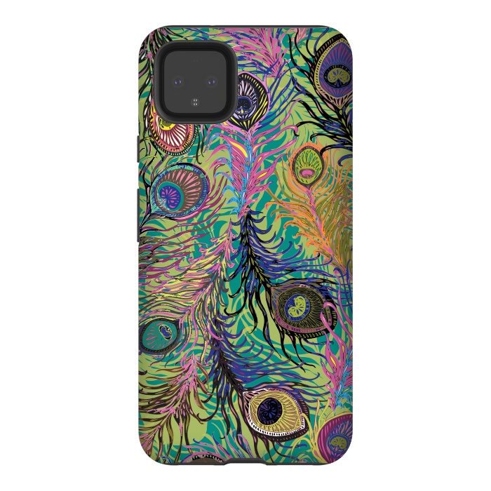 Pixel 4XL StrongFit Peacock Feathers in Lime Green & Pink by Lotti Brown
