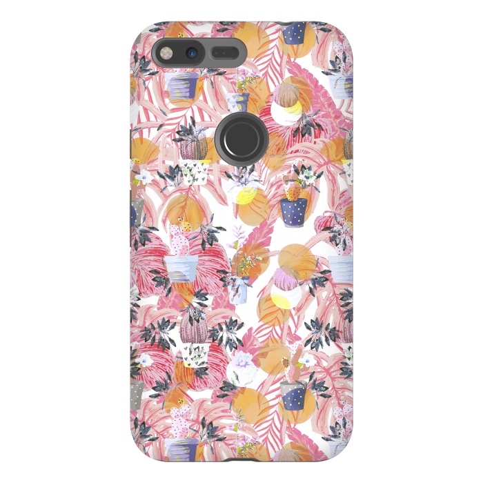 Pixel XL StrongFit Cactus pots and pink tropical leaves pattern by Oana 