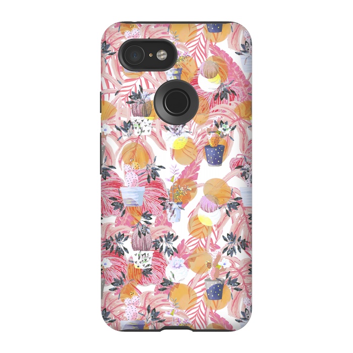 Pixel 3 StrongFit Cactus pots and pink tropical leaves pattern by Oana 