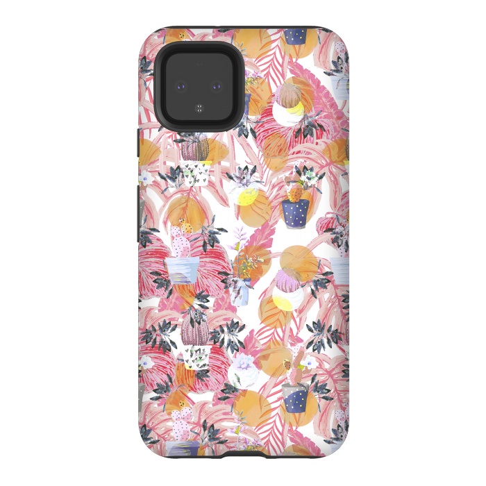 Pixel 4 StrongFit Cactus pots and pink tropical leaves pattern by Oana 
