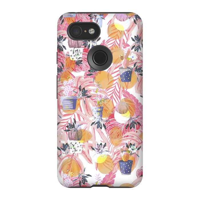 Pixel 3 StrongFit Cute cacti pots and pink tropical foliage by Oana 