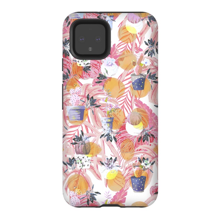 Pixel 4 StrongFit Cute cacti pots and pink tropical foliage by Oana 