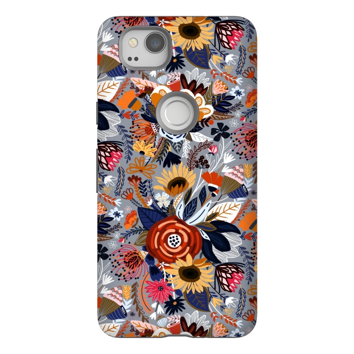 Pixel 2 StrongFit Popping Floral - Orange and Navy  by Tigatiga