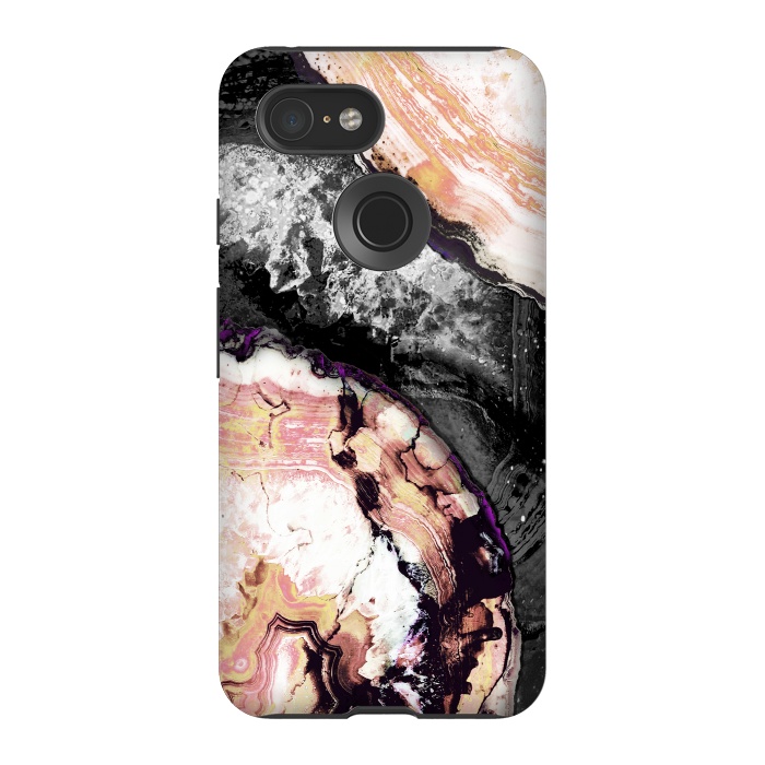 Pixel 3 StrongFit Golden agata gemstone slices on black marble by Oana 