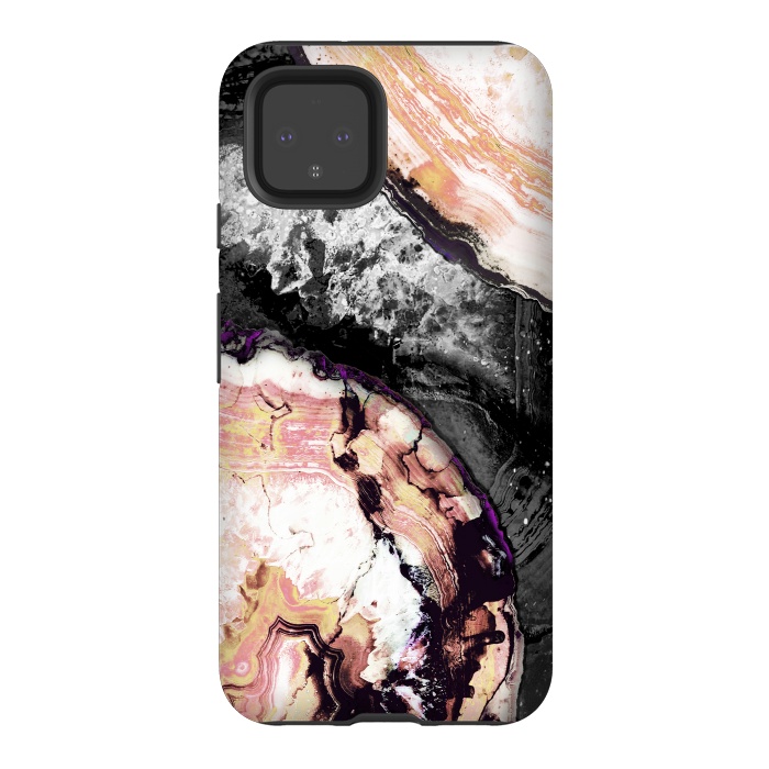 Pixel 4 StrongFit Golden agata gemstone slices on black marble by Oana 