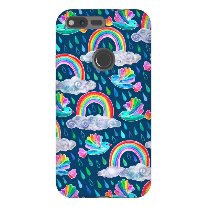Pixel XL StrongFit Watercolor Rainbow Birds on Navy by Micklyn Le Feuvre