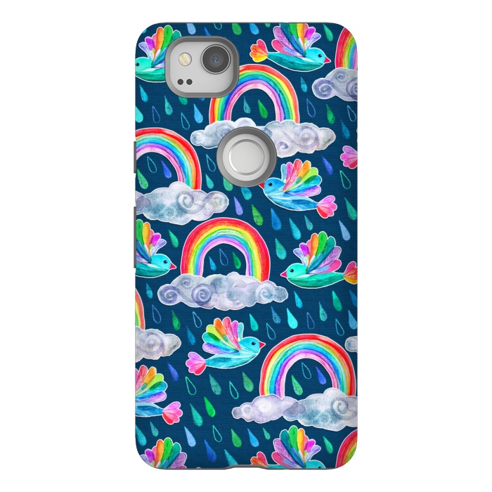 Pixel 2 StrongFit Watercolor Rainbow Birds on Navy by Micklyn Le Feuvre