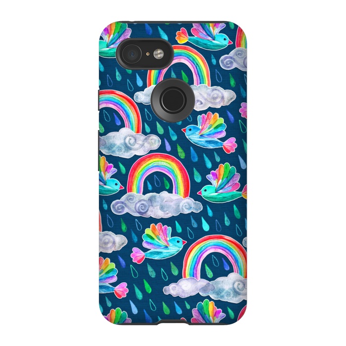 Pixel 3 StrongFit Watercolor Rainbow Birds on Navy by Micklyn Le Feuvre