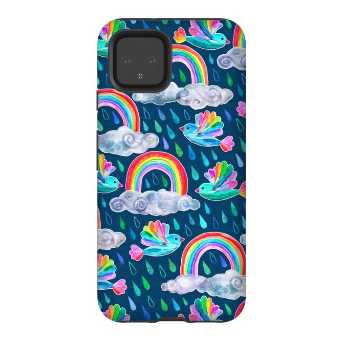 Pixel 4 StrongFit Watercolor Rainbow Birds on Navy by Micklyn Le Feuvre