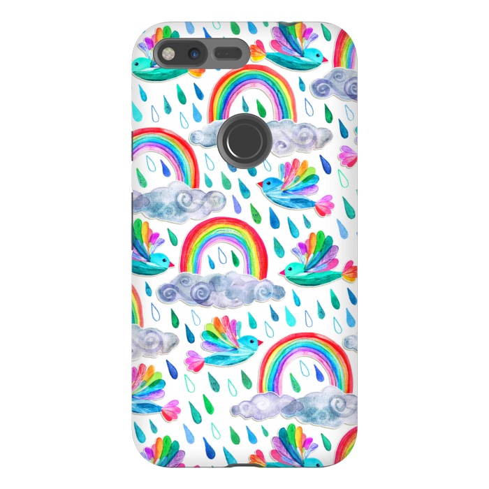 Pixel XL StrongFit Happy Rainbow Birds on White by Micklyn Le Feuvre