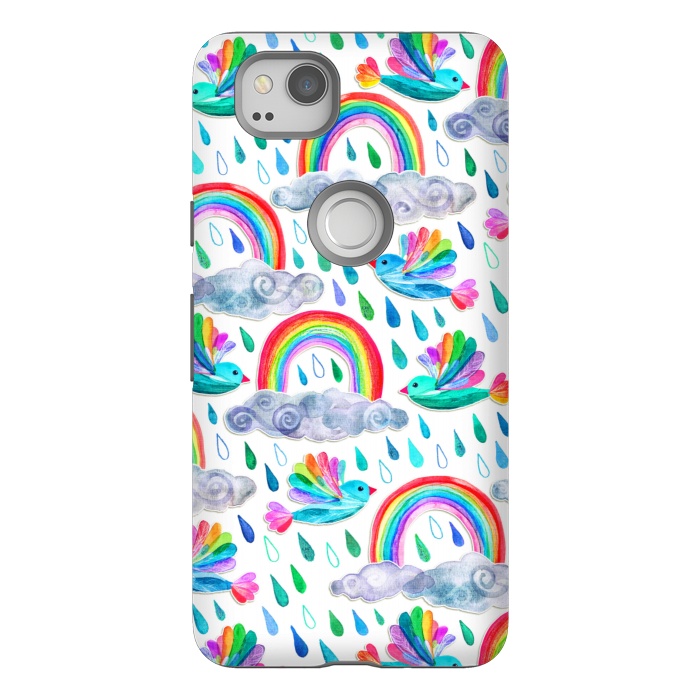 Pixel 2 StrongFit Happy Rainbow Birds on White by Micklyn Le Feuvre
