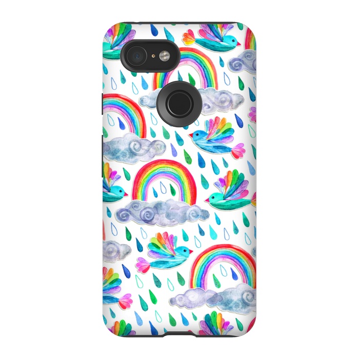 Pixel 3 StrongFit Happy Rainbow Birds on White by Micklyn Le Feuvre