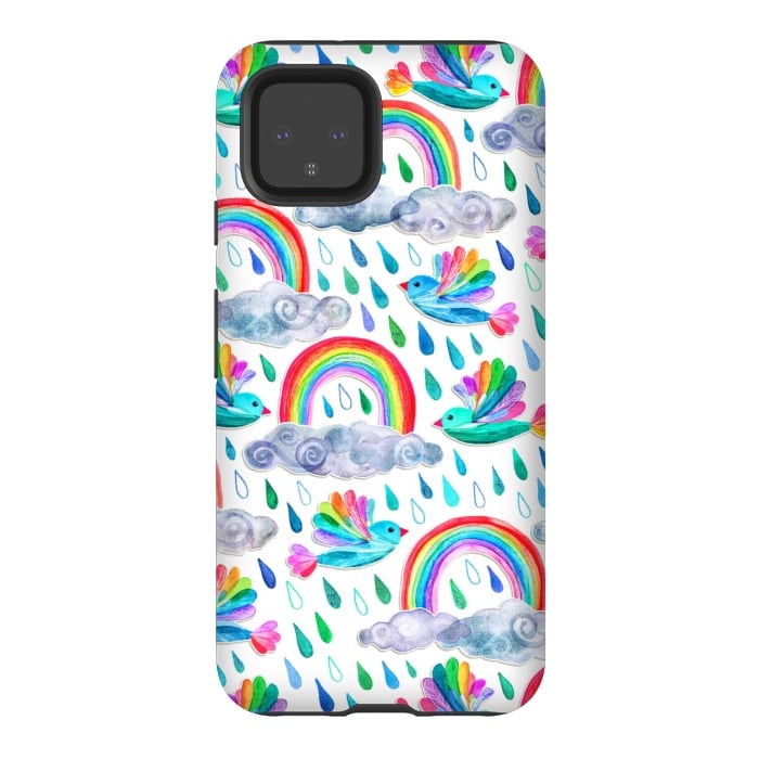 Pixel 4 StrongFit Happy Rainbow Birds on White by Micklyn Le Feuvre