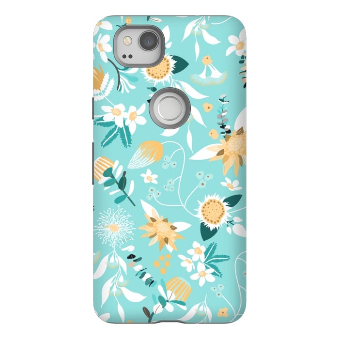 Pixel 2 StrongFit Stylized Australian Florals in Blue and Yellow by Paula Ohreen