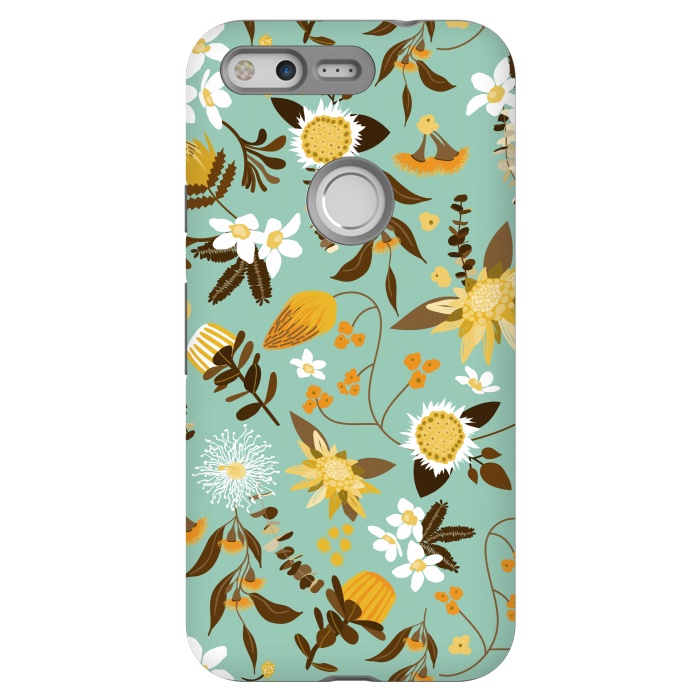 Pixel StrongFit Stylized Australian Florals in Teal and Mustard by Paula Ohreen