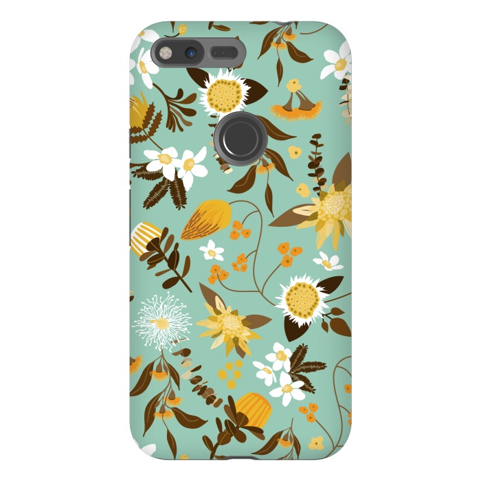 Pixel XL StrongFit Stylized Australian Florals in Teal and Mustard by Paula Ohreen