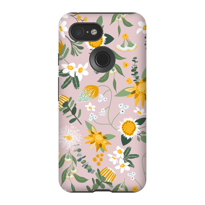 Pixel 3 StrongFit Stylized Australian Florals in Pink and Yellow by Paula Ohreen