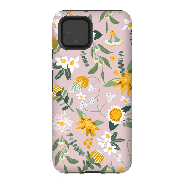 Pixel 4 StrongFit Stylized Australian Florals in Pink and Yellow by Paula Ohreen