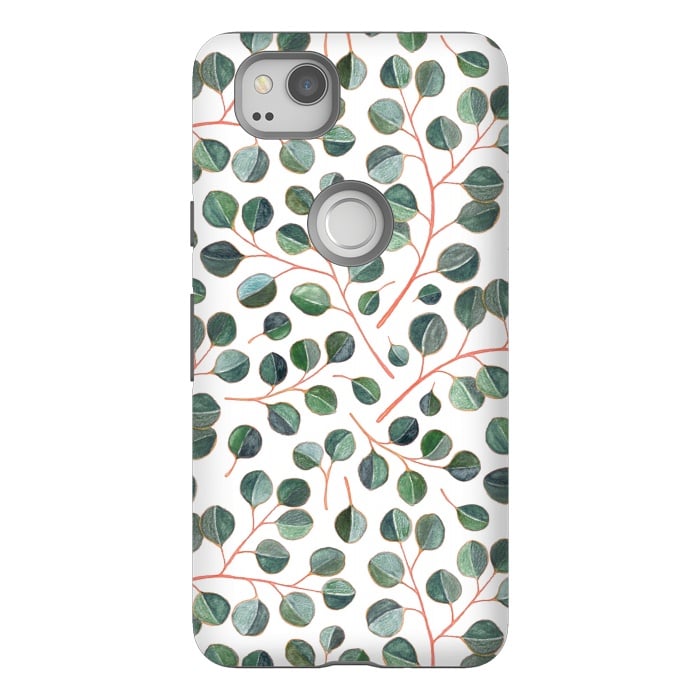 Pixel 2 StrongFit Simple Silver Dollar Eucalyptus Leaves on White by Micklyn Le Feuvre
