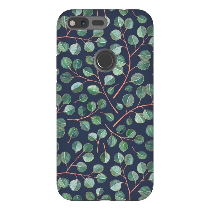 Pixel XL StrongFit Simple Silver Dollar Eucalyptus Leaves on Navy Blue  by Micklyn Le Feuvre