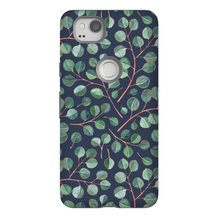Pixel 2 StrongFit Simple Silver Dollar Eucalyptus Leaves on Navy Blue  by Micklyn Le Feuvre