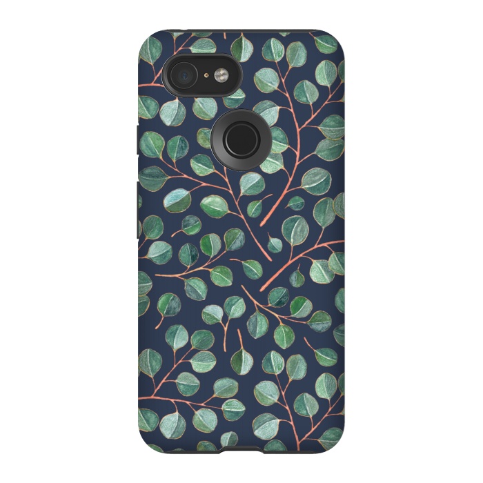 Pixel 3 StrongFit Simple Silver Dollar Eucalyptus Leaves on Navy Blue  by Micklyn Le Feuvre