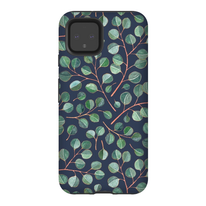 Pixel 4 StrongFit Simple Silver Dollar Eucalyptus Leaves on Navy Blue  by Micklyn Le Feuvre
