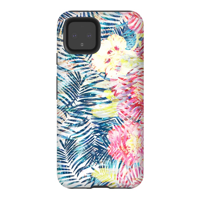 Pixel 4 StrongFit Tropical palm leaves and colorful flowers by Oana 