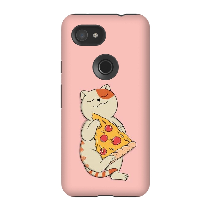 Pixel 3A StrongFit Cat and Pizza Pink by Coffee Man
