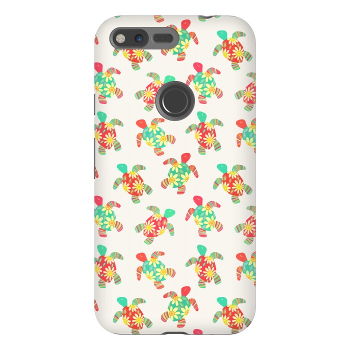 Pixel XL StrongFit Cute Flower Child Hippy Turtles on Cream  by Micklyn Le Feuvre