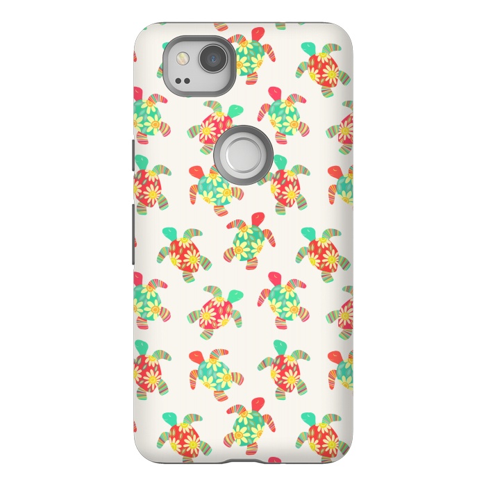 Pixel 2 StrongFit Cute Flower Child Hippy Turtles on Cream  by Micklyn Le Feuvre