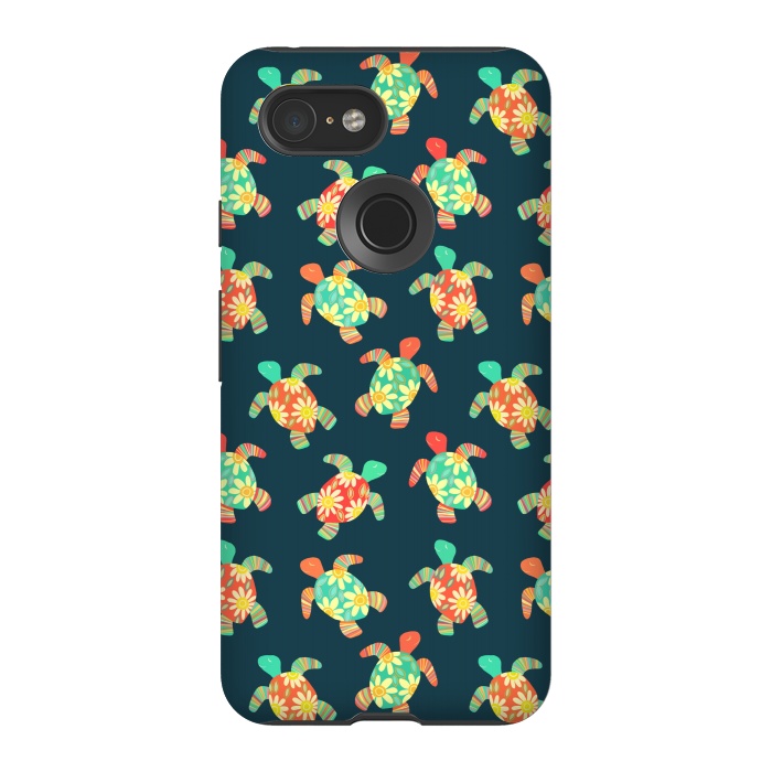 Pixel 3 StrongFit Cute Flower Child Hippy Turtles on Dark by Micklyn Le Feuvre