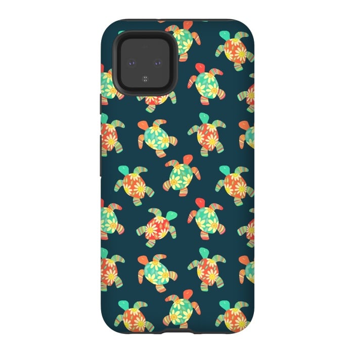 Pixel 4 StrongFit Cute Flower Child Hippy Turtles on Dark by Micklyn Le Feuvre