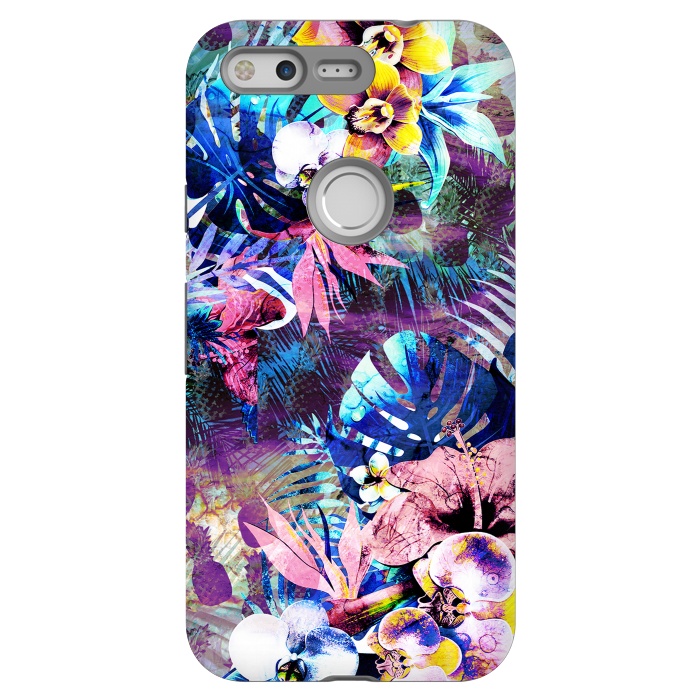 Pixel StrongFit Colorful psychedelic tropical flowers and leaves by Oana 