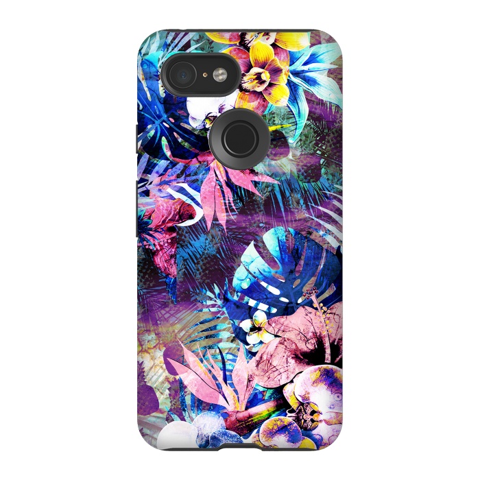 Pixel 3 StrongFit Colorful psychedelic tropical flowers and leaves by Oana 