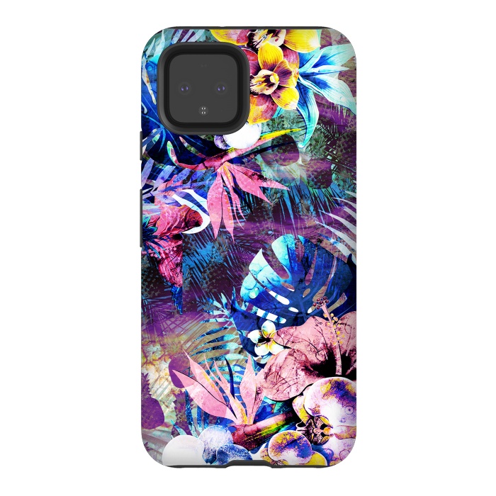 Pixel 4 StrongFit Colorful psychedelic tropical flowers and leaves by Oana 