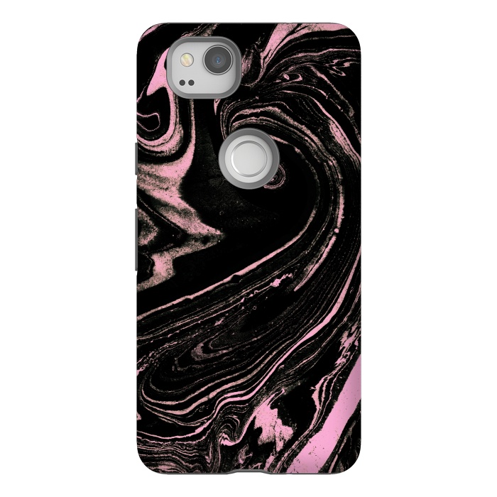 Pixel 2 StrongFit Dark marble with neon pink spiral by Oana 