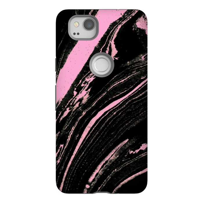 Pixel 2 StrongFit Black marble with neon pink stripes by Oana 