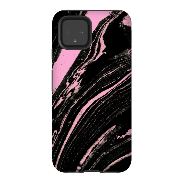 Pixel 4 StrongFit Black marble with neon pink stripes by Oana 
