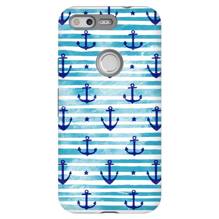 Pixel StrongFit Blue watercolor anchors and stripes nautical pattern by Oana 