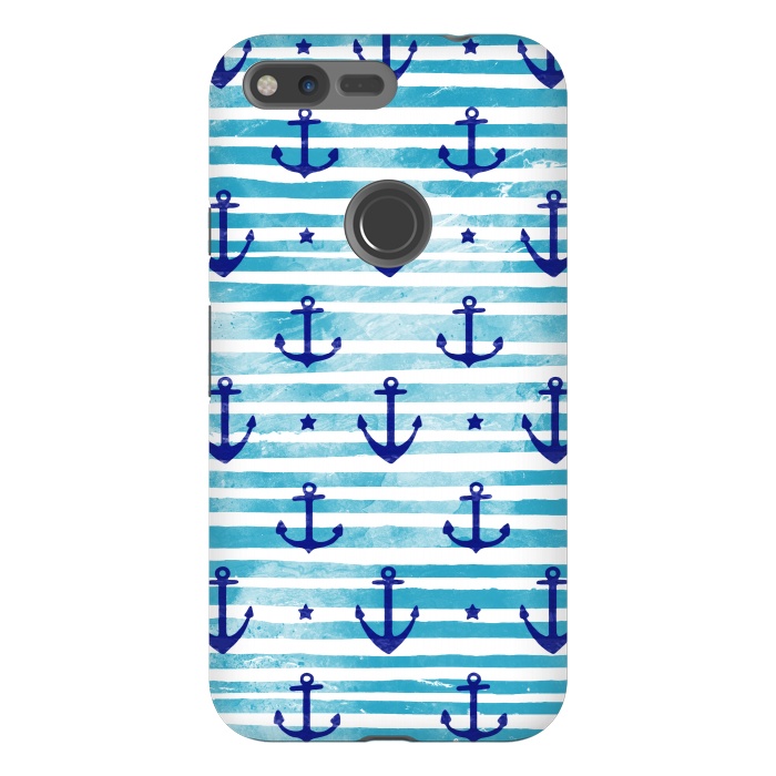 Pixel XL StrongFit Blue watercolor anchors and stripes nautical pattern by Oana 