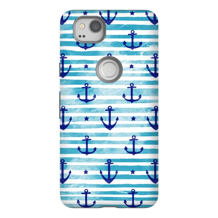 Pixel 2 StrongFit Blue watercolor anchors and stripes nautical pattern by Oana 