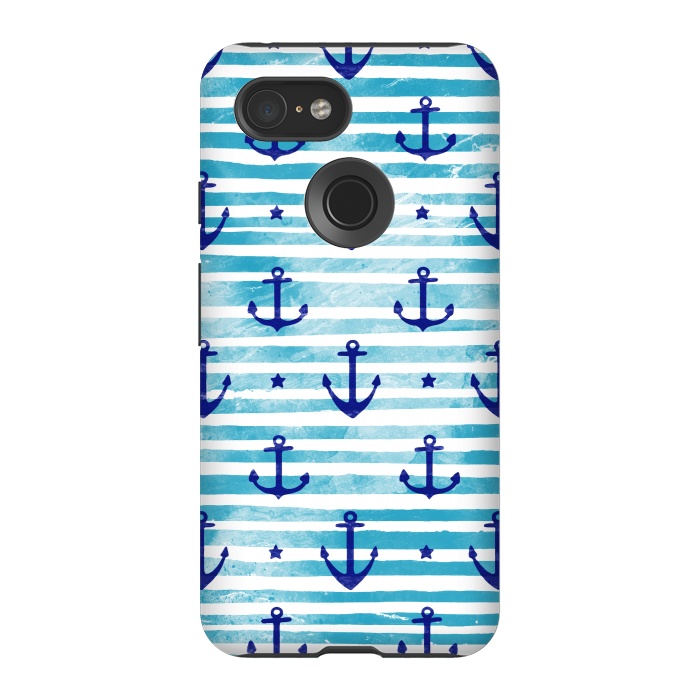 Pixel 3 StrongFit Blue watercolor anchors and stripes nautical pattern by Oana 