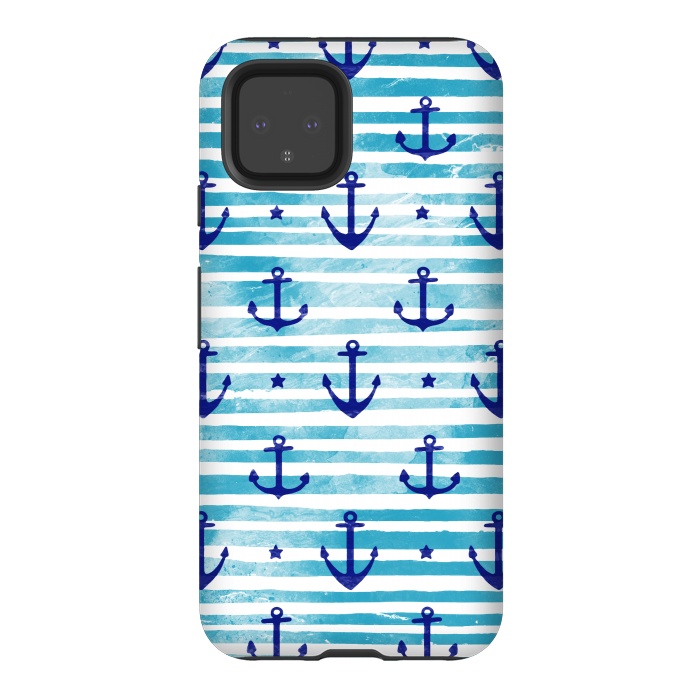 Pixel 4 StrongFit Blue watercolor anchors and stripes nautical pattern by Oana 