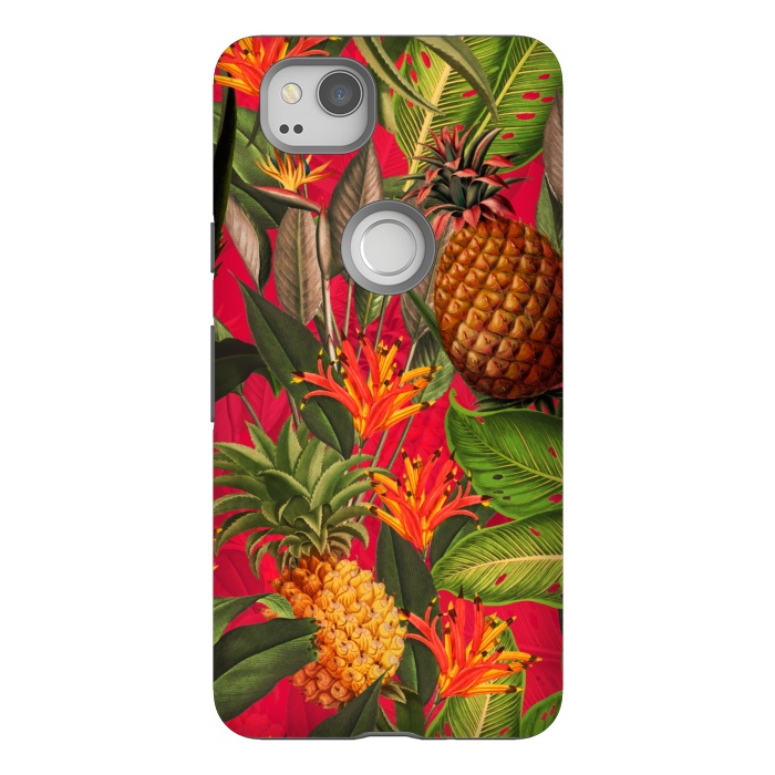 Pixel 2 StrongFit Red Tropical Pineapple Jungle Garden by  Utart