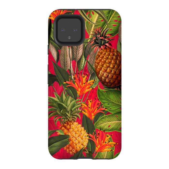 Pixel 4 StrongFit Red Tropical Pineapple Jungle Garden by  Utart