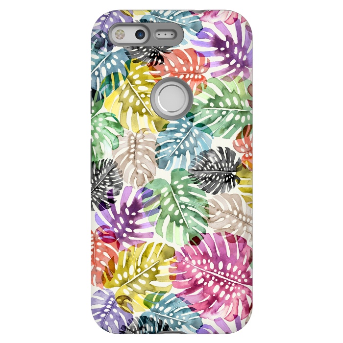 Pixel StrongFit Colorful Tropical Monstera Leaves by Ninola Design