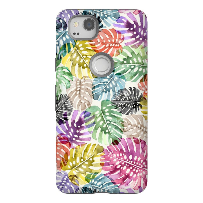 Pixel 2 StrongFit Colorful Tropical Monstera Leaves by Ninola Design