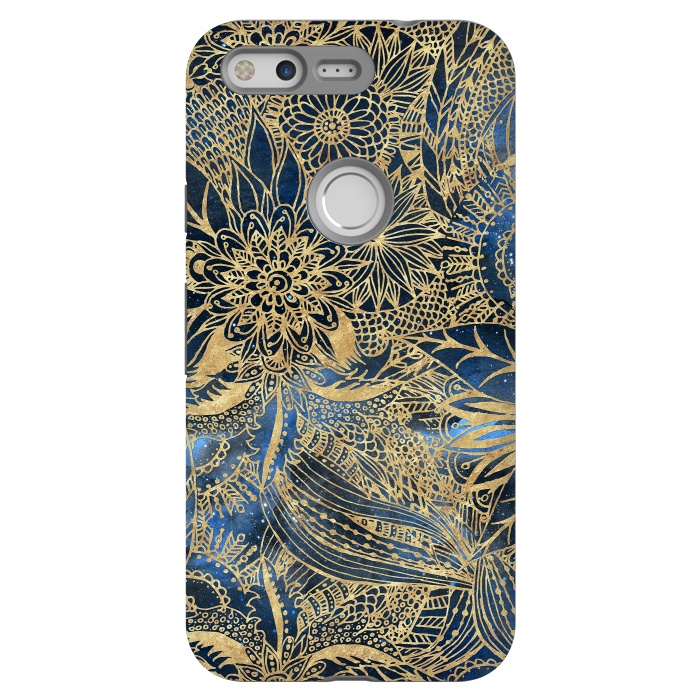 Pixel StrongFit Elegant gold floral mandala and blue nebula design by InovArts